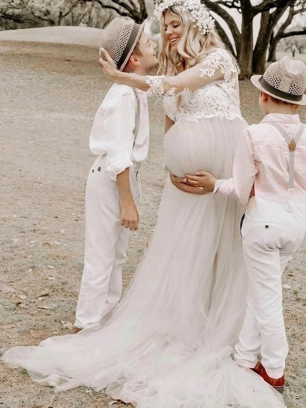 Illusion Tulle A-Line Wedding Dress with Lace Appliques and Sweep Train