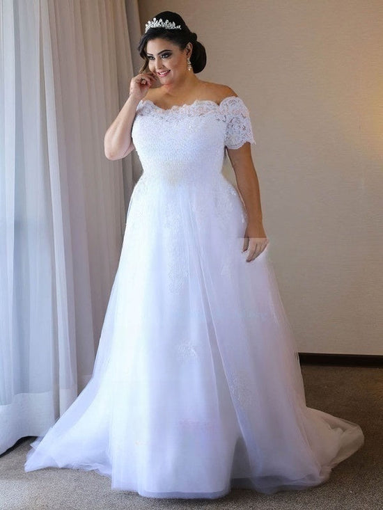 Exquisite Ball Gown Wedding Dress with Off-the-shoulder Tulle Sweep Train and Appliques Lace