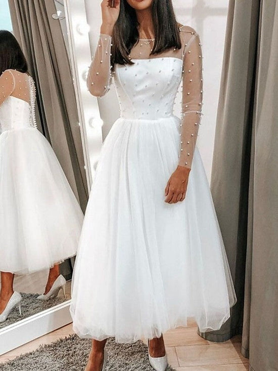 Pearl Detailed Ball Gown Illusion Tulle Tea-length Wedding Dress