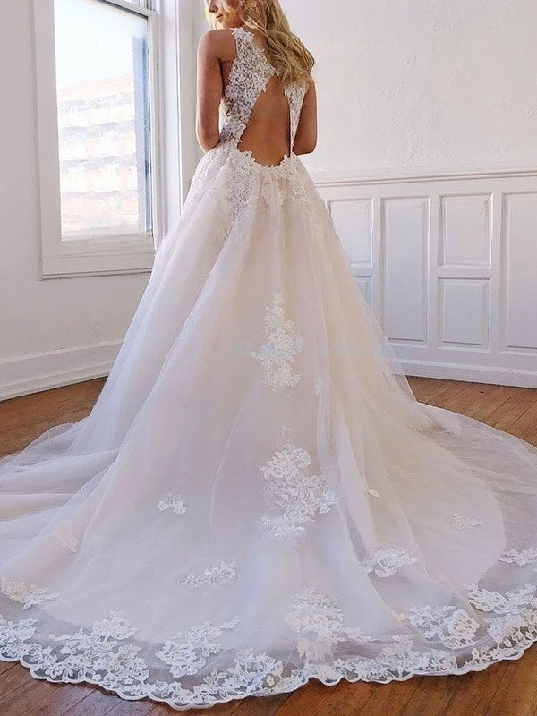 Elegant Ball Gown V-neck Tulle Court Train Wedding Dress With Appliques Lace