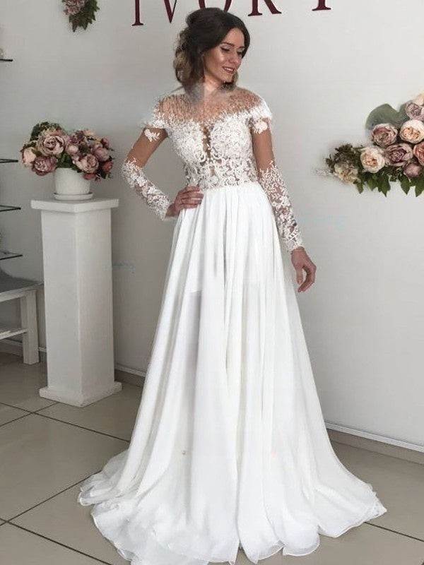 A-line Illusion Chiffon Sweep Train Wedding Dresses With Split Front