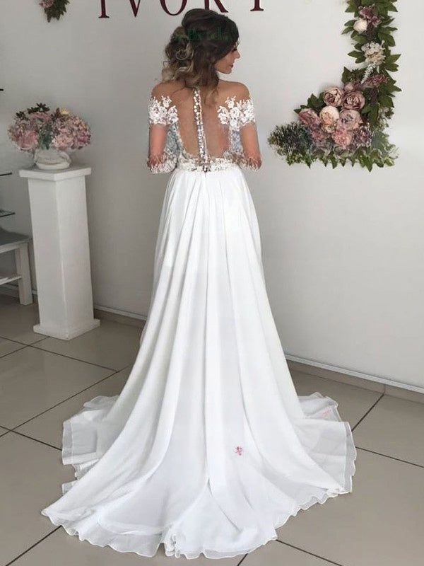 A-line Illusion Chiffon Sweep Train Wedding Dresses With Split Front