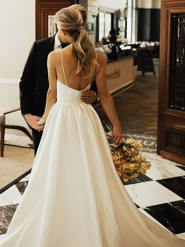 Elegant Ball Gown V-neck Satin Court Train Wedding Dresses