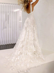 A-Line V-Neck Lace Wedding Dress with Split Front and Sweep Train