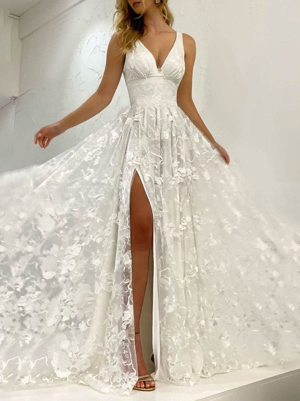 A-Line V-Neck Lace Wedding Dress with Split Front and Sweep Train
