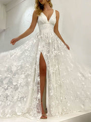 A-Line V-Neck Lace Wedding Dress with Split Front and Sweep Train