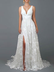 A-Line V-Neck Lace Wedding Dress with Split Front and Sweep Train