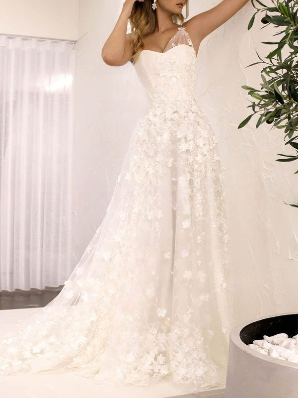 A-line One Shoulder Lace Sweep Train Wedding Dress With Flower(s)