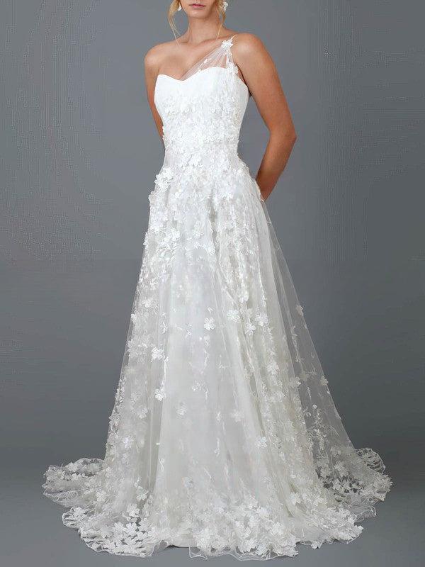 A-line One Shoulder Lace Sweep Train Wedding Dress With Flower(s)