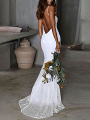 Mermaid Scoop Neck Lace Sweep Train Wedding Dress for a Trumpet Look