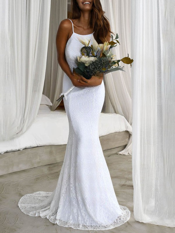 Mermaid Scoop Neck Lace Sweep Train Wedding Dress for a Trumpet Look
