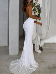 Mermaid Scoop Neck Lace Sweep Train Wedding Dress for a Trumpet Look