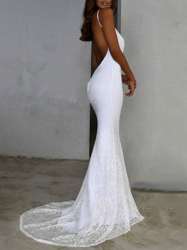 Mermaid Scoop Neck Lace Sweep Train Wedding Dress for a Trumpet Look