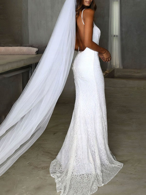 Mermaid Scoop Neck Lace Sweep Train Wedding Dress for a Trumpet Look