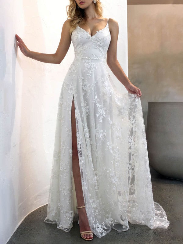 A-line V-neck Lace Wedding Dress with Split Front and Sweep Train