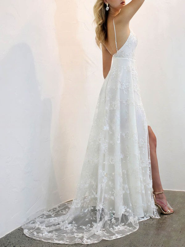 A-line V-neck Lace Wedding Dress with Split Front and Sweep Train