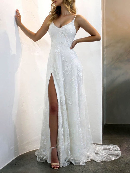 A-line V-neck Lace Wedding Dress with Split Front and Sweep Train