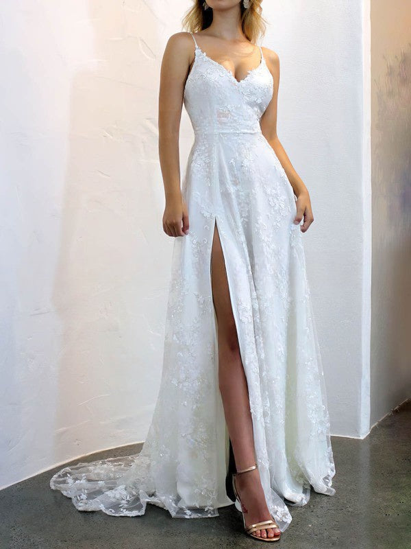 A-line V-neck Lace Wedding Dress with Split Front and Sweep Train