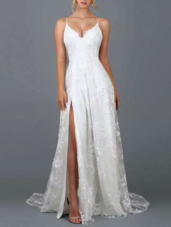 A-line V-neck Lace Wedding Dress with Split Front and Sweep Train