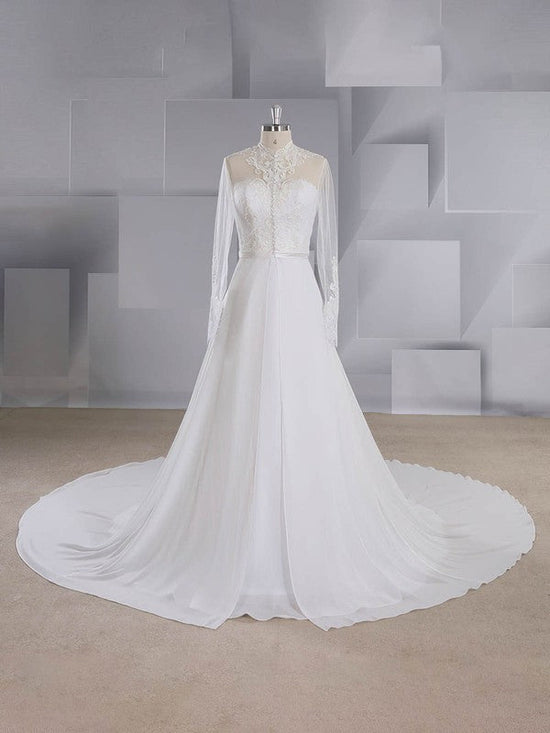 High Neck Chiffon Court Train Wedding Dress With Appliques Lace