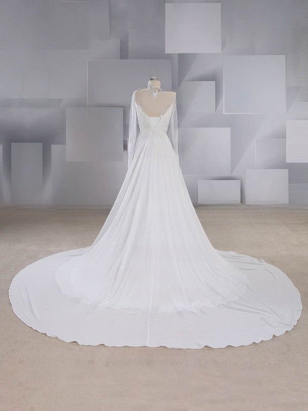 High Neck Chiffon Court Train Wedding Dress With Appliques Lace
