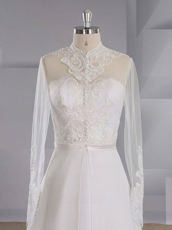 High Neck Chiffon Court Train Wedding Dress With Appliques Lace