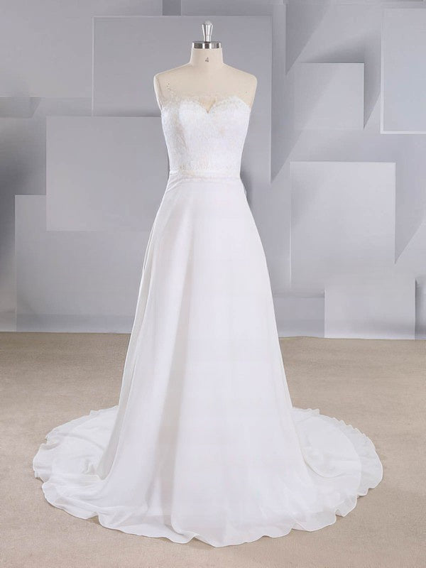 High Neck Chiffon Court Train Wedding Dress With Appliques Lace