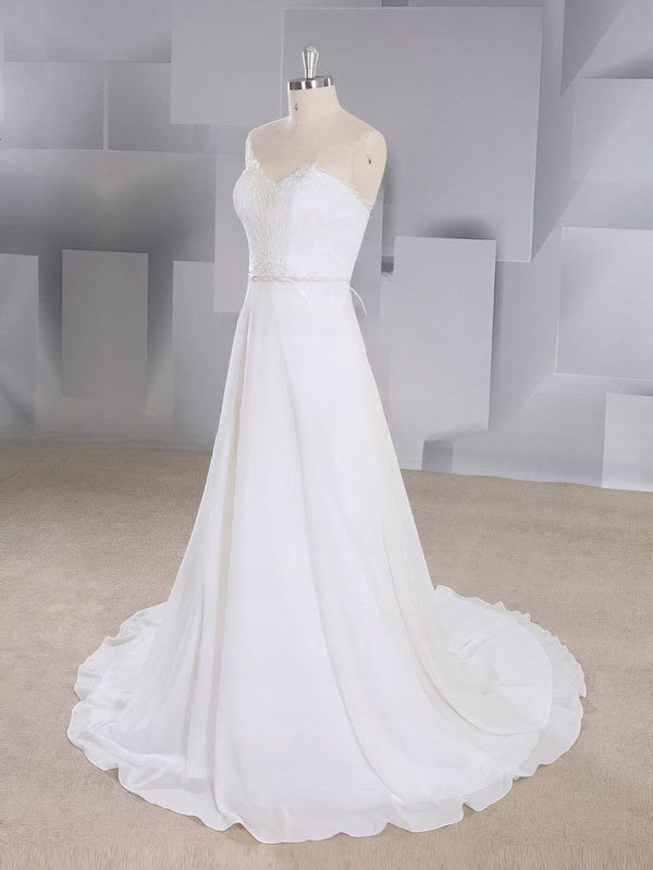 High Neck Chiffon Court Train Wedding Dress With Appliques Lace