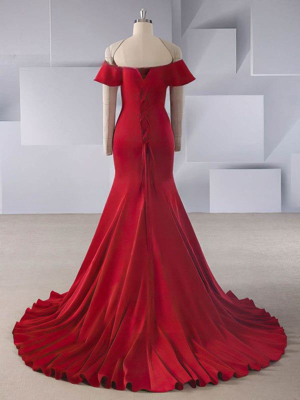 Stunning Trumpet/Mermaid Off-the-shoulder Wedding Dress with Stretch Crepe, Cascading Ruffles and Sweep Train