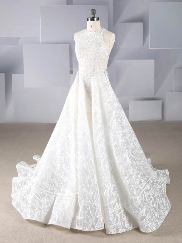 Lace Court Train Wedding Dresses With Beading - Ball Gown Scoop Neck
