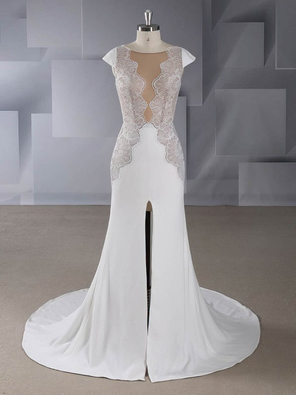 Trumpet/Mermaid Illusion Stretch Crepe Wedding Dress with Split Front and Sweep Train