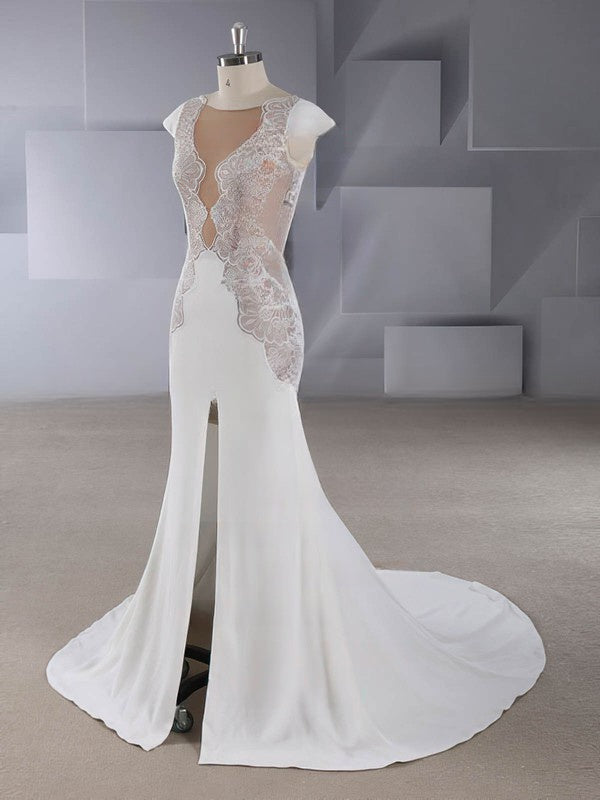 Trumpet/Mermaid Illusion Stretch Crepe Wedding Dress with Split Front and Sweep Train