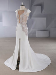 Trumpet/Mermaid Illusion Stretch Crepe Wedding Dress with Split Front and Sweep Train