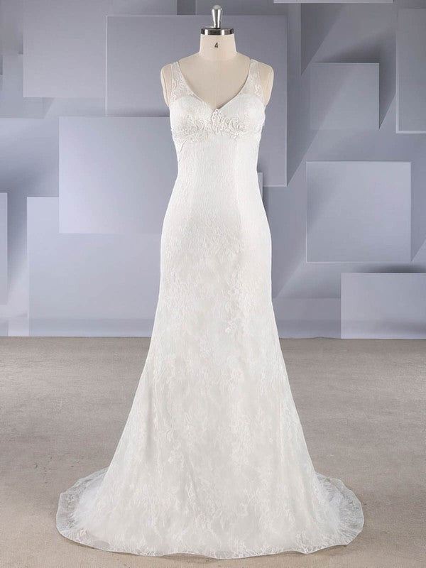 V-neck Lace Sweep Train Wedding Dress With Appliques Lace for Trumpet/Mermaid