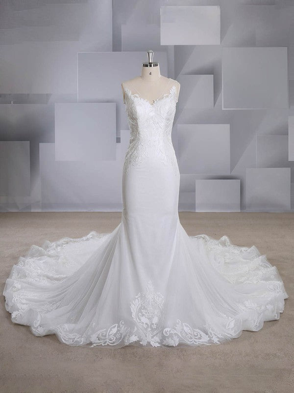 Mermaid V-neck Tulle Wedding Dress With Appliques Lace