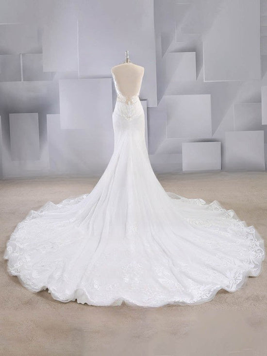 Mermaid V-neck Tulle Wedding Dress With Appliques Lace