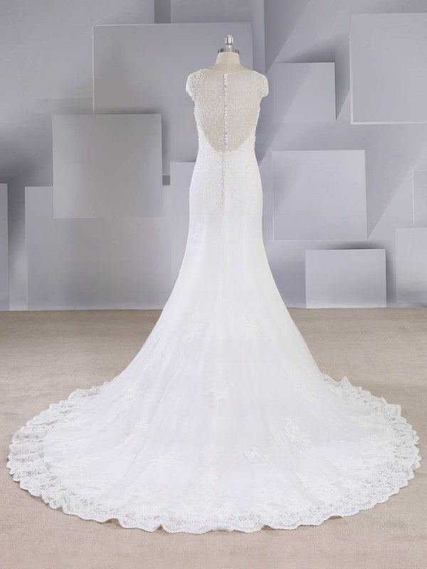 Elegant Trumpet/Mermaid V-neck Tulle Sweep Train Wedding Dress With Beading