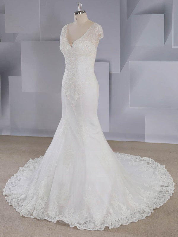 Elegant Trumpet/Mermaid V-neck Tulle Sweep Train Wedding Dress With Beading