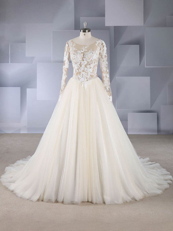 Alluring Illusion Tulle Ball Gown Wedding Dress With Lace Appliques