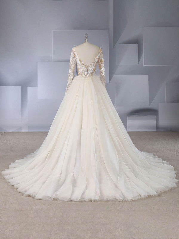 Alluring Illusion Tulle Ball Gown Wedding Dress With Lace Appliques