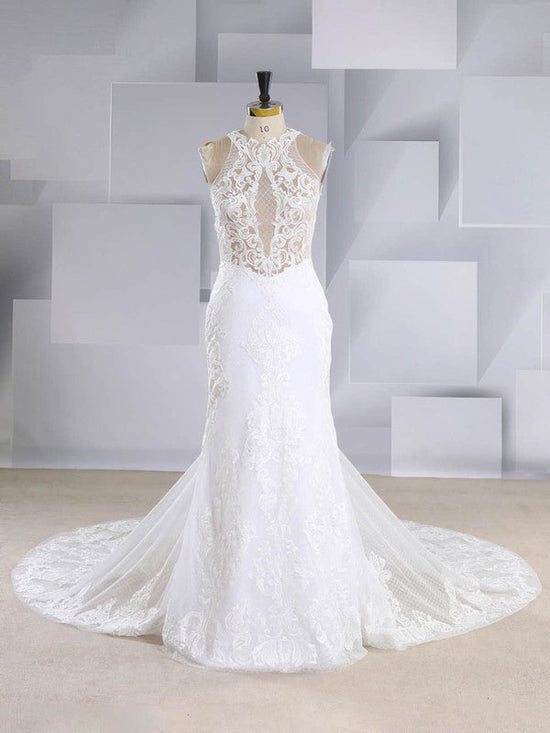 Mermaid Illusion Tulle Court Train Wedding Dress with Appliques Lace