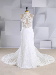 Mermaid Illusion Tulle Court Train Wedding Dress with Appliques Lace