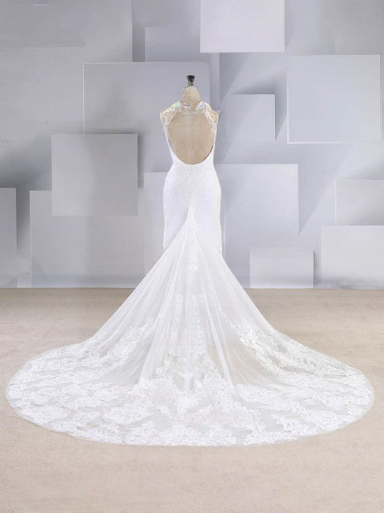 Mermaid Illusion Tulle Court Train Wedding Dress with Appliques Lace