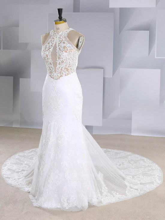 Mermaid Illusion Tulle Court Train Wedding Dress with Appliques Lace