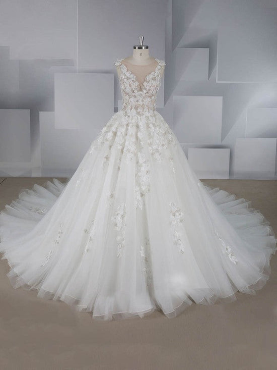 Beautiful Ball Gown Illusion Tulle Court Train Wedding Dresses With Beading