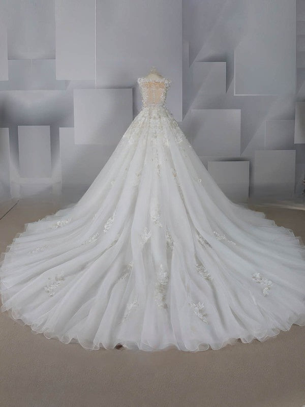 Beautiful Ball Gown Illusion Tulle Court Train Wedding Dresses With Beading