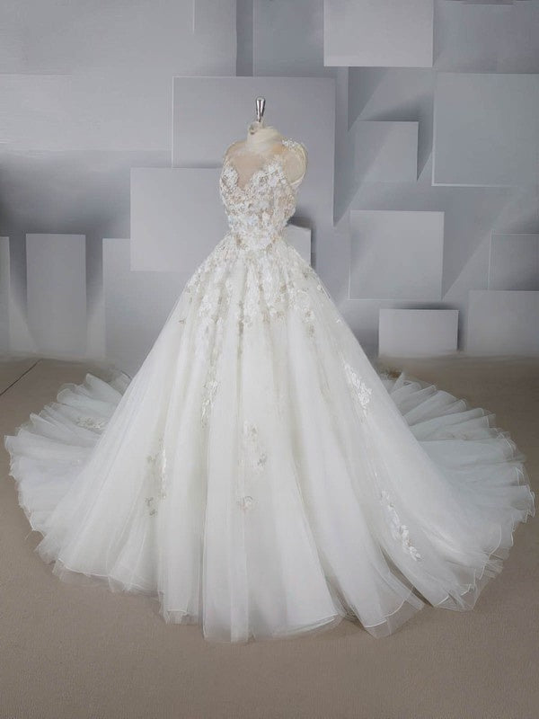 Beautiful Ball Gown Illusion Tulle Court Train Wedding Dresses With Beading