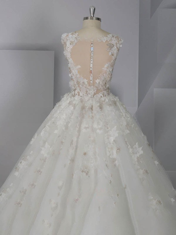Beautiful Ball Gown Illusion Tulle Court Train Wedding Dresses With Beading