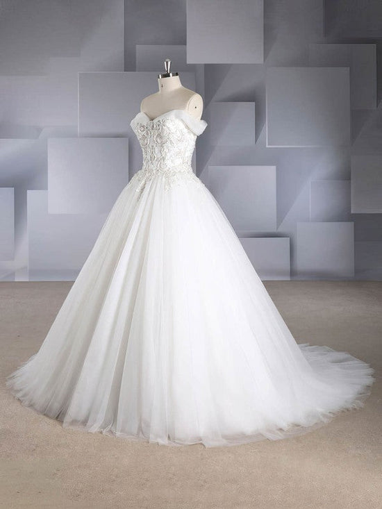Beaded Off-the-shoulder Court Train Tulle Ball Gown Wedding Dress