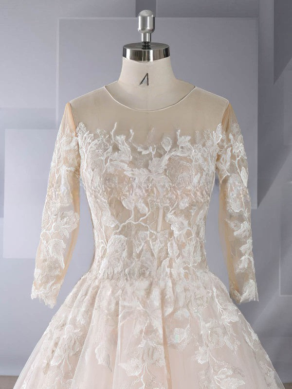 Lace Appliques Ball Gown Wedding Dress with Illusion Tulle Court Train
